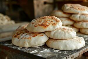 ai generato un' tradizionale forno offerta fresco Pita pane. foto