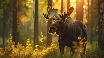 ai generato avvicinamento di alce americano nel un' estate foresta. foto