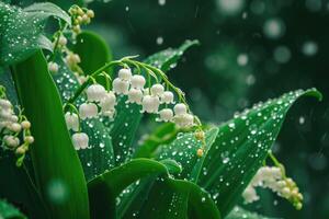 ai generato bianca giglio di il valle fiori. convallaria majalis foresta fioritura pianta con gocce di pioggia. foto