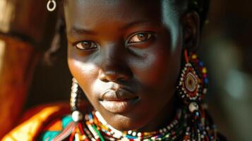 ai generato maasai donna e tradizionale perline ornamenti riflettendo sua identità. foto