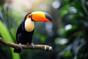 ai generato tucano seduta su un' ramo nel il foresta pluviale. generativo ai foto