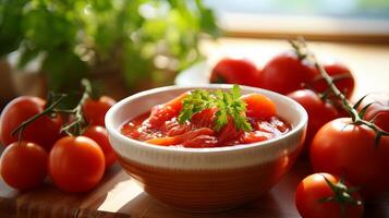 ai generato salato pomodoro salsa e paffuto ciliegia pomodori meravigliosamente presentata su un' di legno tavolo, vicino su tiro foto