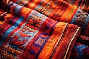 ai generato antico inca tessile, in mostra il intricato modelli e vivace colori. tessile a partire dal Messico foto
