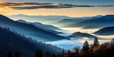 ai generato montagna paesaggio con foreste colline con nebbia nel il valle a Alba. mozzafiato naturale scenario foto