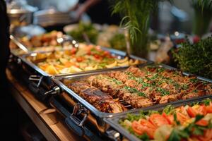 ai generato ristorazione buffet cibo interno nel ristorante con grigliato carne. foto