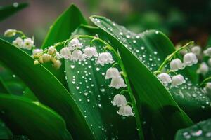 ai generato bianca giglio di il valle fiori. convallaria majalis foresta fioritura pianta con gocce di pioggia. foto