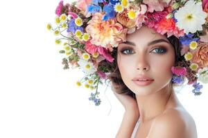 ai generato bellezza donna ritratto con ghirlanda a partire dal fiori su testa al di sopra di bianca sfondo foto