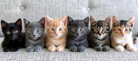 ai generato giocoso e diverso Vettore di carino gatto gattini seduta insieme nel un' colorato riga foto