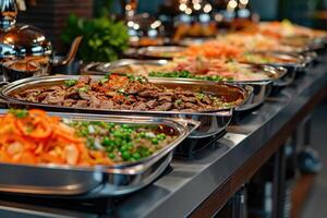 ai generato ristorazione buffet cibo interno nel ristorante con grigliato carne. foto