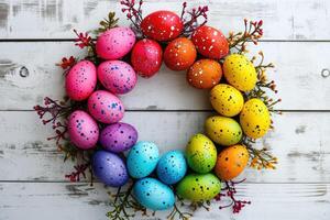 ai generato colorato decorativo Pasqua uova ghirlanda su di legno scrivania. foto