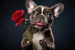 ai generato carino cane Tenere un' rosso rosa come un' San Valentino giorno regalo foto