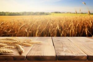 ai generato vuoto di legno tavolo nel davanti di d'oro orecchie di Grano sfondo foto