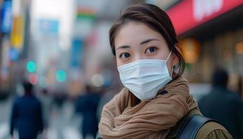 ai generato un' donna indossa un' chirurgico maschera per restare sicuro, aria inquinamento e smog concetto foto