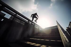 ai generato giovane parkour e corsa libera atleta prova nel un urbano ambiente con un' blu cielo nel il sfondo, neurale Rete generato arte foto