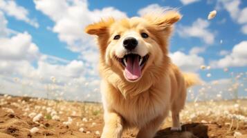 ai generato divertente rosso cane nel il campo su il sfondo di blu cielo. foto