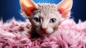 ai generato ritratto di un' sphynx gatto su un' rosa pelliccia sfondo. foto