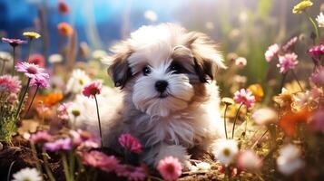 ai generato carino shih tzu cucciolo nel il erba con fiori. foto