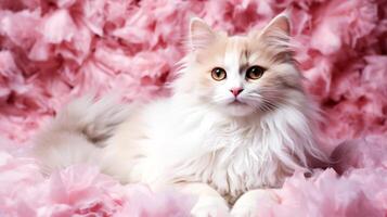 ai generato carino persiano gatto su rosa floreale sfondo. foto