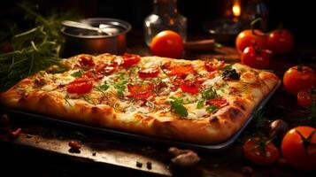 ai generato Pizza con Mozzarella, pomodori e olive su di legno sfondo. foto