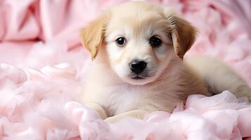 ai generato carino d'oro cane da riporto cucciolo su rosa sfondo. foto