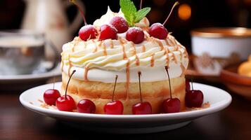 ai generato torte con fresco frutti di bosco e caramello su un' nero piatto. foto