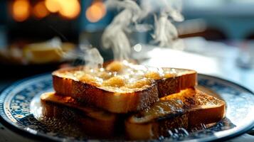 ai generato francese crostini con miele e burro su un' di legno tavolo nel un' bar. foto