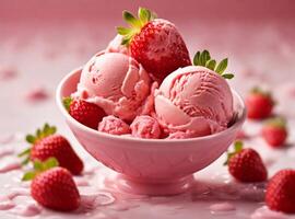 ai generato fragola ghiaccio crema guarnito con fresco fragole foto