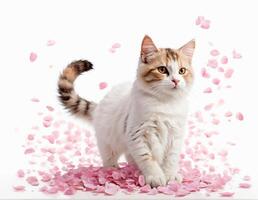 ai generato affascinante soffice gatto in mezzo caduta rosa petali foto