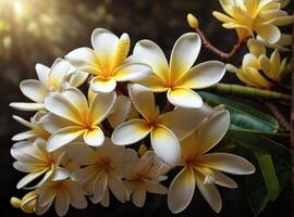 ai generato fioritura bianca frangipani albero fiori foto