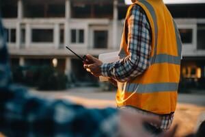 squadra costruzione o ingegneria gruppo e lavoratore. lavoro di squadra e determinazione per avere successo. sicurezza difficile cappello per impedire incidente mentre Lavorando trasporto e contenitore squadra. concetto ricomincia e nuovo normale foto