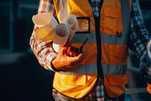 squadra costruzione o ingegneria gruppo e lavoratore. lavoro di squadra e determinazione per avere successo. sicurezza difficile cappello per impedire incidente mentre Lavorando trasporto e contenitore squadra. concetto ricomincia e nuovo normale foto