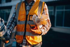 squadra costruzione o ingegneria gruppo e lavoratore. lavoro di squadra e determinazione per avere successo. sicurezza difficile cappello per impedire incidente mentre Lavorando trasporto e contenitore squadra. concetto ricomincia e nuovo normale foto