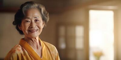 ai generato un' contento sorriso luci su il viso di un' gioioso invecchiamento asiatico donna foto