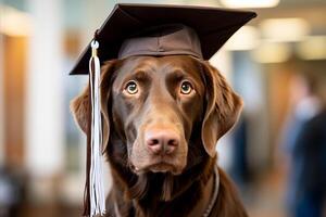 ai generato divertente cane con divertente espressione nel la laurea cappello su bianca sfondo, dettagliato foto