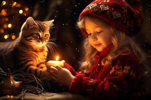 ai generato adorabile ragazza e gatto illuminante all'aperto con Natale candele nel un' accogliente ambientazione foto