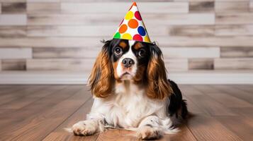 ai generato adorabile cavaliere charles re spaniel festeggiare con festa cappello a compleanno carnevale foto