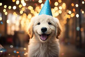 ai generato carino contento cucciolo festeggiare nel compleanno cappello circondato di sfocato coriandoli sfondo foto