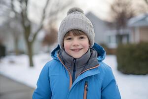 ai generato entusiasta bambino nel caldo blu inverno abbigliamento felicemente attraente i fiocchi di neve con lingua nel nevoso Paese delle meraviglie foto