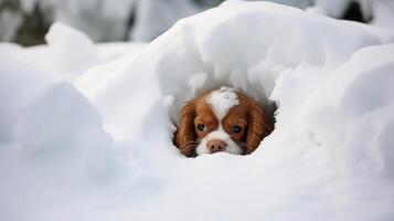 ai generato giocoso cavaliere re charles spaniel cucciolo godendo neve giorno attività con allegro giocosità foto