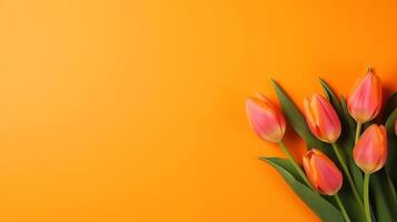 ai generato ancora vita di primavera tulipano fiori su arancia sfondo foto