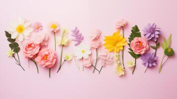ai generato assortimento di primavera fiori su pallido rosa sfondo foto
