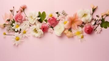 ai generato assortimento di primavera fiori su pallido rosa sfondo foto