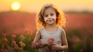 ai generato ritratto di contento bellissimo 6 anni vecchio ragazza nel un' verde campo Tenere fiori nel primavera tempo foto