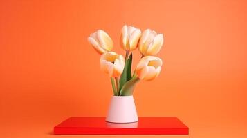 ai generato ancora vita di primavera tulipano fiori su arancia sfondo foto