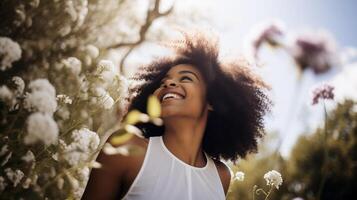 ai generato Basso angolo ritratto di un' giovane donna con afro capelli, indossare un' bianca vestire, circondato di impianti e fiori nel il campagna foto