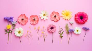 ai generato assortimento di primavera fiori su pallido rosa sfondo foto