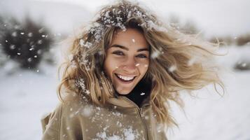 ai generato ritratto di bellissimo femmina modello sorridente sotto il neve foto