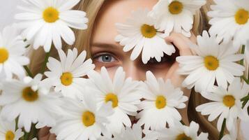 ai generato carino primavera ritratto di un' giovane donna sorridente con margherita fiori copertura sua occhi. foto