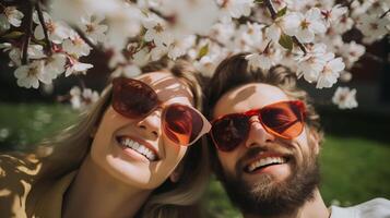 ai generato foto di coppia festeggiare primavera sotto un mandorla albero