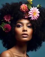 ai generato africano americano donna con fiori su sua capelli foto